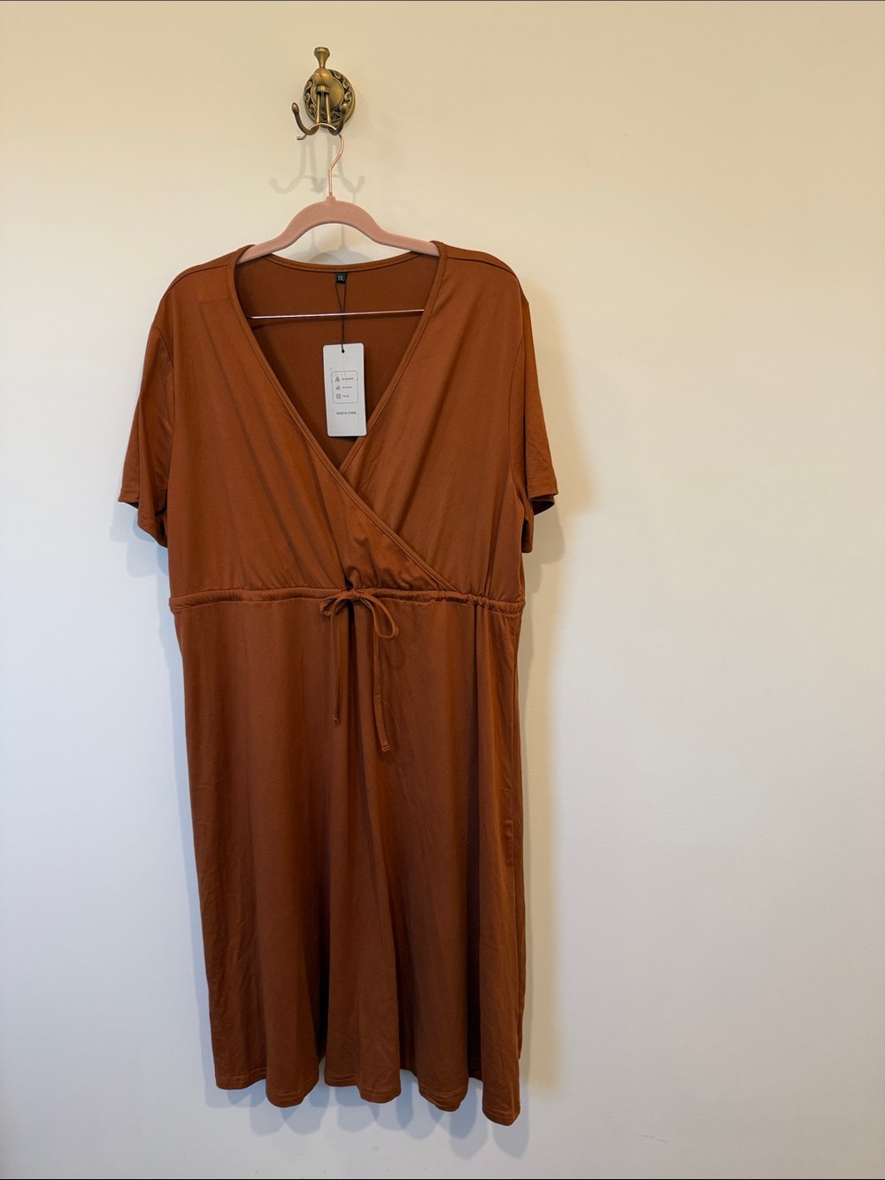Wrap-Front Midi Dress in Rust Brown with Tie Waist